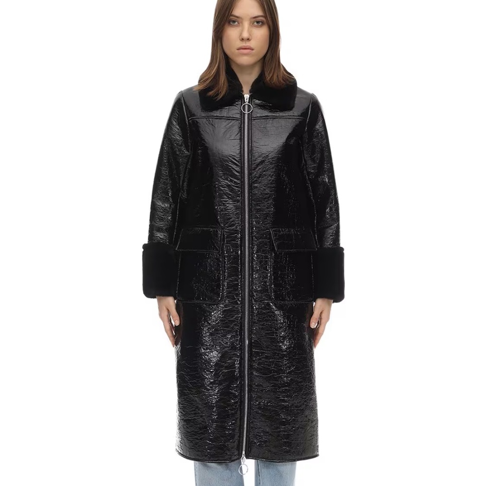 Stand Studio Kristen Long Coat Patent Leather Black - FR 36 EUC Small